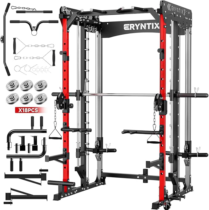 Heavy-Duty Power Cage,2600LBS Smith Machine Power Rack w/Cable Crossover, LAT Pulldown & Leg Press – 18 Attachments Squat Rack for Home Gym Strength Training Garage