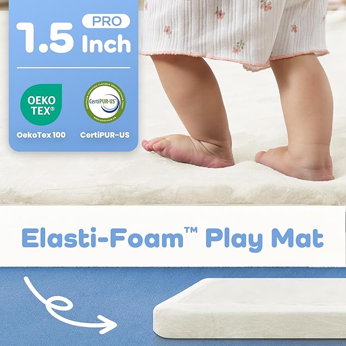 1.5" Thick Padded Baby Play Mat for Floor Tummy Time, Pro Soft Foam Activity Playroom Playmats, Easy Care with Non-Slip Safe for Infant Toddler Kids Crawling 59"x 71" (Cream)