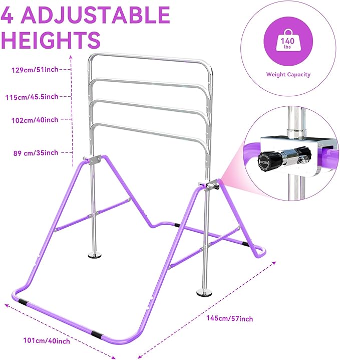 Gymnastics Bar for Kids with Gymnastics Rings, Height Adjustable Gymnastics Horizontal Bar, Foldable Bar Gymnastics Equipment for Home Room Indoor Outdoor Gym Practics, Gymnastic Bar