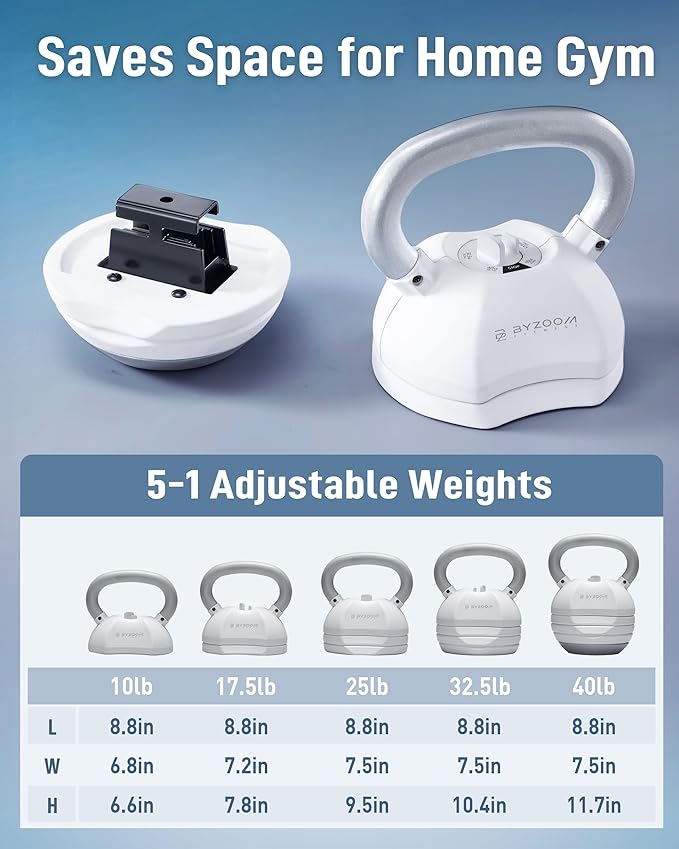 BYZOOM FITNESS Pure Series Adjustable Kettlebell 30/40/50LB - 5-IN-1 Weight Change, Patented Quick-Change Machenism, Ergonomic Curved Handle for Home Gym, Strength Training, HIIT, White OR Black