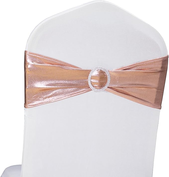 Spandex Rose Gold Chair Sashes 100 Pack Wedding Chair Bands with Buckles Pink Gold Chairs Bows for Party Birthday Bridal Shower Engagement Anniversary Outdoor Event Decorations