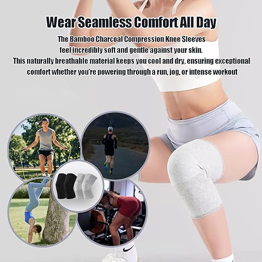Bamboo Charcoal Compression Knee Sleeve - Elastic Knee Braces Pads Warmers Protective Knee Support for Arthritis and Runners (Gray+Black, X-Large)