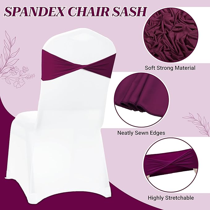 MDS Pack of 200 Spandex Chair Sashes Bows Elastic Stretch Dining Chair Bands Ties Without Slider Buckle Universal fits for Wedding Baby Shower Birthday Party Banquet Event Decoration - Eggplant