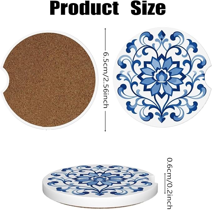 Car Cup Holder Coasters, 2 Pcs Ceramic Coasters with Finger Slot and Cork Back, Anti-Slip Shock Absorbing Women and Men Universal Car Accessories - Porcelain