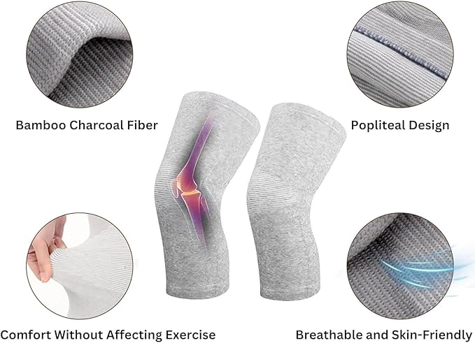 1 Pair Bamboo Charcoal Knee Sleeve - Bamboo Knee Brace Compression Knee Sleeve Perfect Knee Brace for Knee Pain and Enhanced Comfort (Gray, 77-198 Lb)