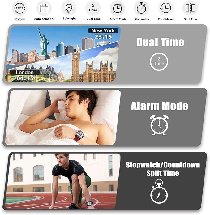 Beeasy Digital Watch for Men Women, 50M Waterproof, Ultra-Thin & Lightweight, 44mm Silicone Sports Watch with Alarm, Stopwatch, Countdown, Ideal for Gym, Running, School, Daily Wear