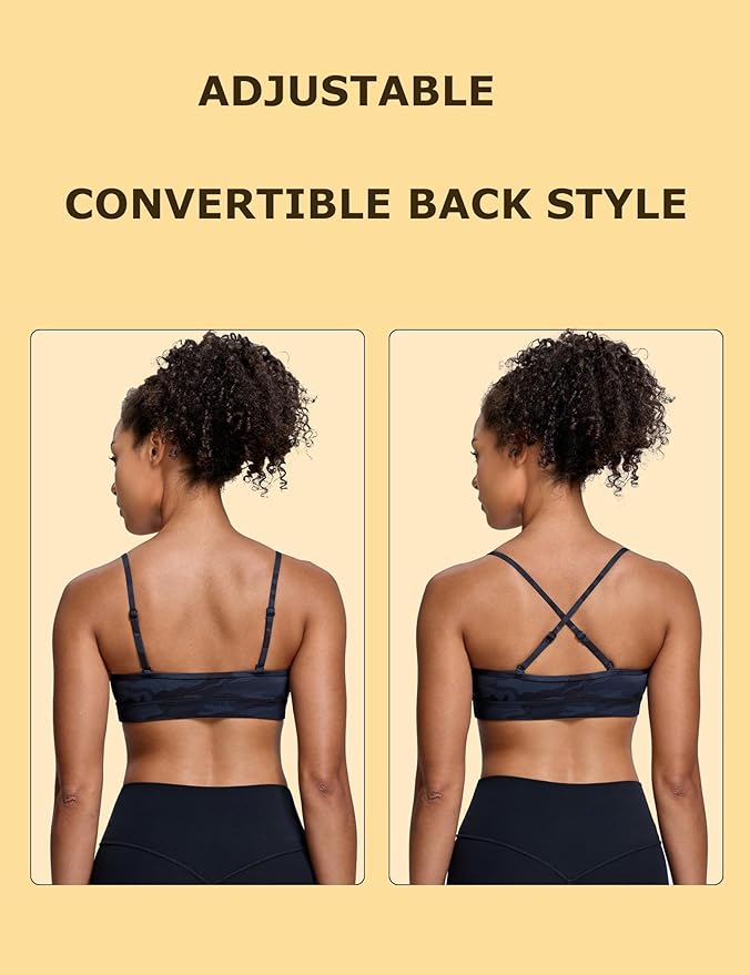 Oalka V Neck Sports Bra for Women Adjustable Padded Thin Straps Wireless Yoga Bras