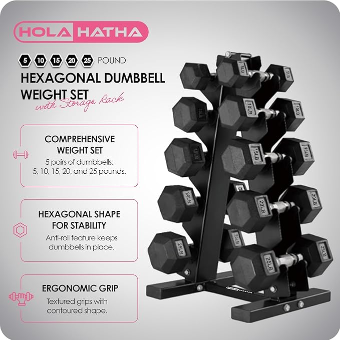 HolaHatha Hexagonal Dumbbell Weights Set, Home Gym Equipment Set, Portable Weighted Exercise Dumbbells for Fitness, Training, and Lifting Workouts