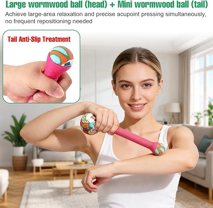 2PCS Long Wormwood Lymphatic Drainage Hammer, Manual Body Massage Hammer, Anti Slip Handheld Herbal Massage Hammer for Back Muscle Relaxation (Rose Red/Dark Green)