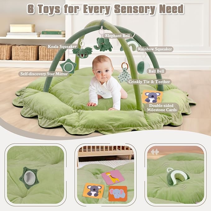 5-in-1 Plush Baby Play Gym, Activity Mat with Convertible Gym, Baby Gym 6 Sensory Toys, Play Center for Newborn to Toddler, Green