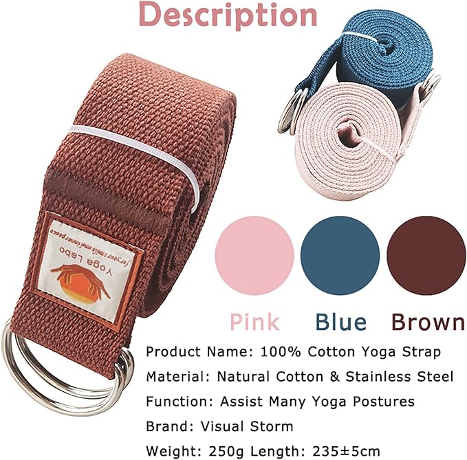 8ft Cotton Yoga Strap for Stretching with a D-Ring, Thick Cotton Nylon Yoga Belt with Extra Safe Metal Loops with Bag Set, 250g Nylon Durable Fitness Stretch Belt with Buckle As Physcial Therapy Bands Workout
