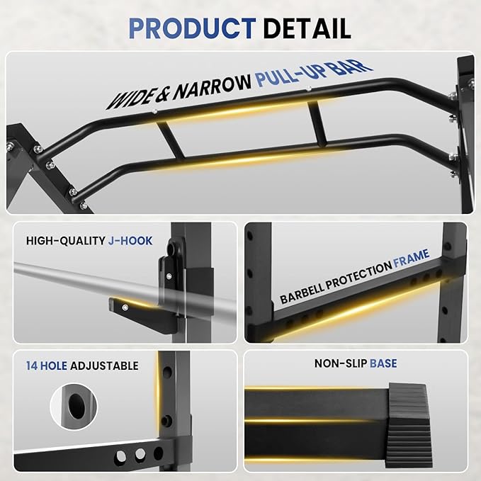 Multi-Function Power Cage, 1200 Lbs Capacity Squat Rack with Adjustable Cable Crossover, Stainless Steel Heavy Duty Fitness Cable Machine, for Training, Exercise Muscles