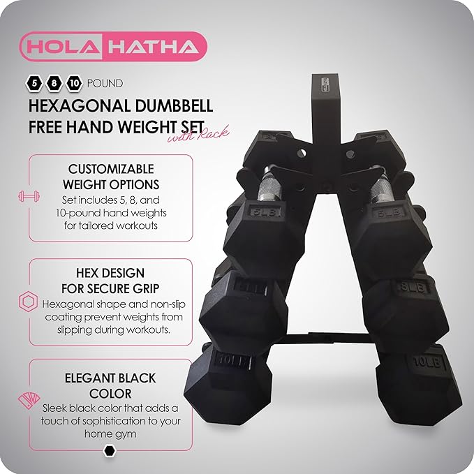 HolaHatha Hexagonal Dumbbell Weights Set, Home Gym Equipment Set, Portable Weighted Exercise Dumbbells for Fitness, Training, and Lifting Workouts