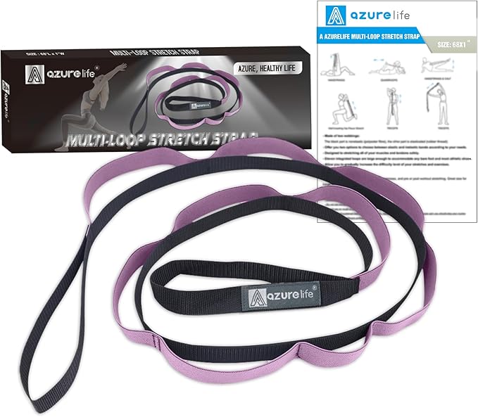 A AZURELIFE Half-Elastic Stretch Straps with 11 Loops, Stretching Strap for Physical Therapy, Multi-Loop Yoga Strap Fitness Exercise Strap for Yoga, Pilates, Dance, Flexibility&Exercise