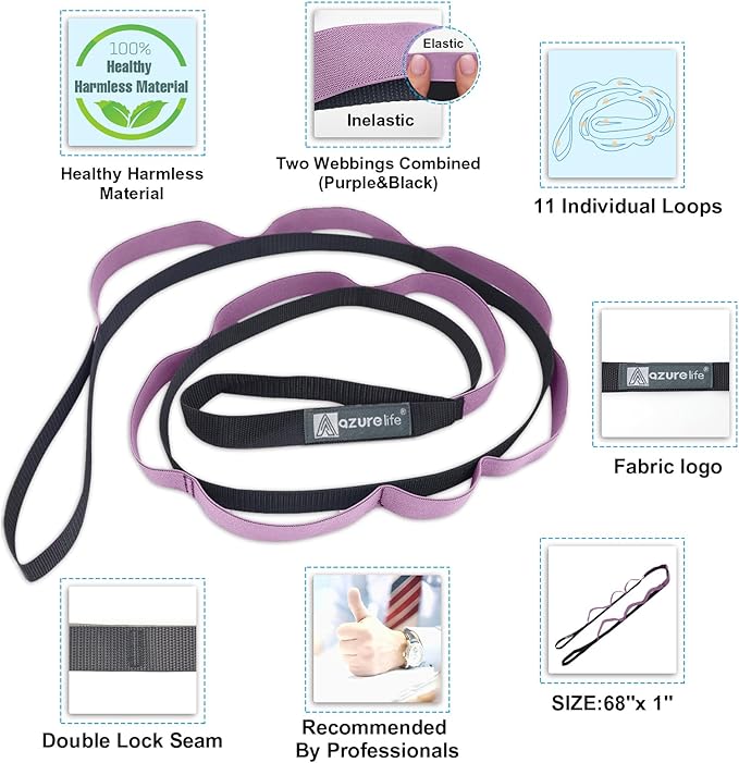 A AZURELIFE Half-Elastic Stretch Straps with 11 Loops, Stretching Strap for Physical Therapy, Multi-Loop Yoga Strap Fitness Exercise Strap for Yoga, Pilates, Dance, Flexibility&Exercise