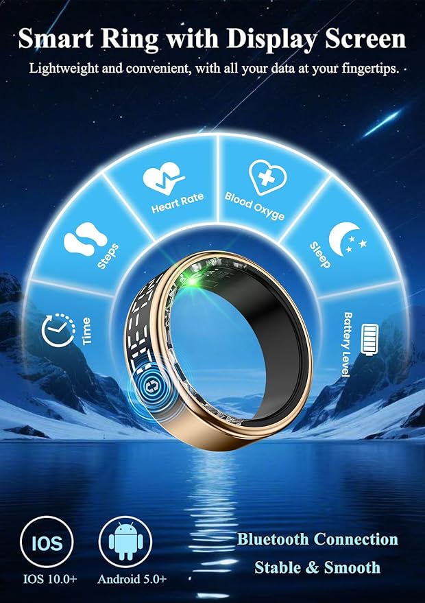 Smart Ring with LED Display，Fitness Tracker Ring, IP68 Waterproof Health Tracker Ring, Blood Oxygen & Heart Rate Monitor, Long Lasting Battery Sleep Ring for Women & Men