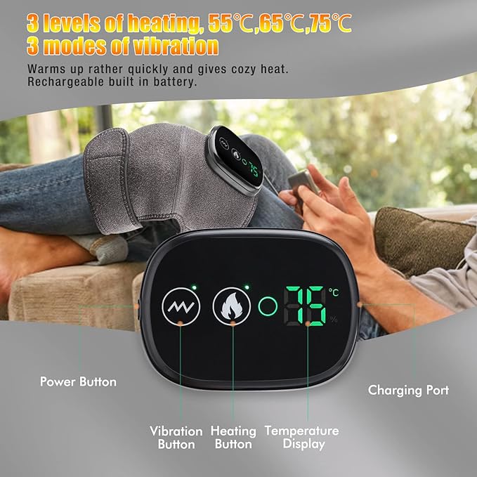 MOAJAZA Heated Knee Massager Shoulder Heating Pads Elbow Brace 3 in 1 with Vibration, Cordless Rechargeable Heating Knee Warmers Wrap for Shoulder Elbow Knee Stress Relief