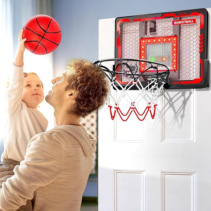 Indoor Basketball Hoop Pro for Kids, Over The Door Basketball Hoop Indoor with LED Light/Scoreboard/4 Balls- Upgraded Anti-Impact Backboard, Basketball Toys Gifts for 6 7 8 9 10 11 12 Year Old Boys