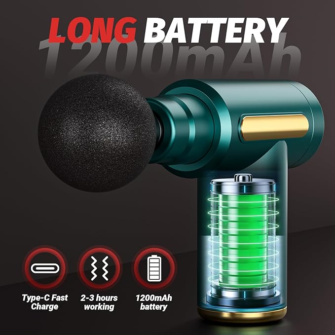 Brantefa Massage Gun, Small Travel Tool, Massage Gun Deep Tissue,Percussion Handheld Portable Muscle Massager Tool for Full Body Pain Relief, Ideal Gifts for Men, Women(Green)