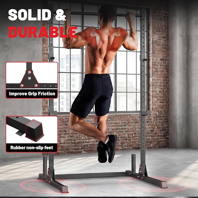 papababe Squat Rack with Pull Up Bar for Home Gym, Adjustable Power Cage with J-Hooks, 800LB Capacity Multi-Functional Bench Press Power Rack for 6FT, 7FT Barbell, Weight Lifting Rack