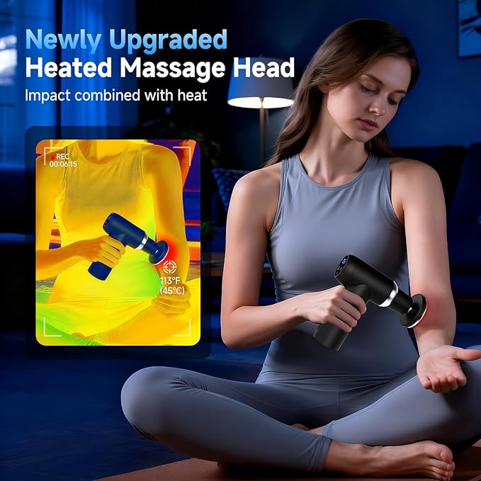 Beyn Hot & Cold Therapy Massage Gun with Detachable Long Handle - Deep Tissue Percussion Massager for Back Pain Relief, 6 Speeds & 6 Heads, LCD Display, USB-C Rechargeable, Quiet Muscle Massager