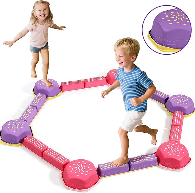 18 Pieces Non-Slip Balance Beam Stepping Stones for Kids 3 Years + Stackable Obstacle Course Balance Board for Toddlers Thicken Plastic Hold up 220LBS Indoor Outdoor Sensory Toy