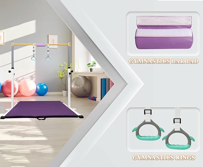 Adjustable Gymnastics Bar for Kids with Mat - Sturdy Kip Bar with Rings, Horizontal Bar for Home Training, 3'-5' Height, Ages 3-15, 250 LBS Capacity, Easy Assembly.