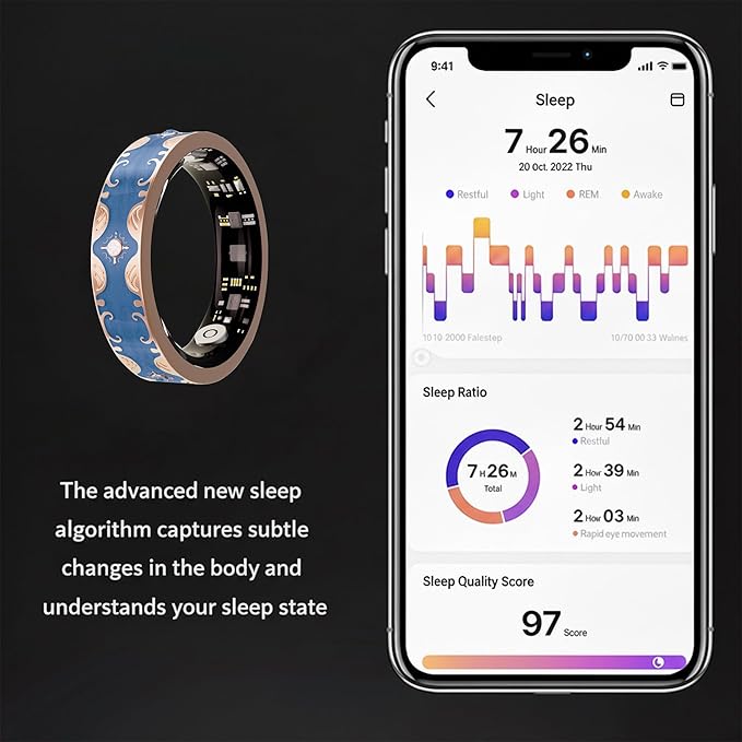 Smart Ring for Women Gift, Fitness & Vital Signs Monitoring, Sleep Tracker/Remote Photography/No Subscription(Blue,7#)