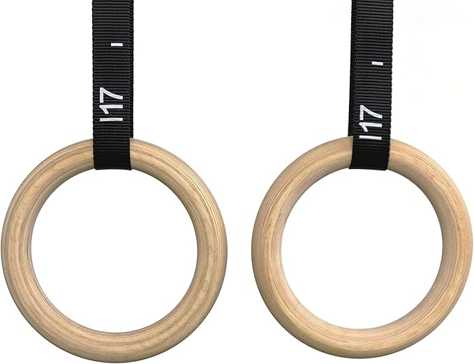 CFF Wood Olympic Rings 1.25" Diameter - 18' Black Extra Wide Numbered Straps