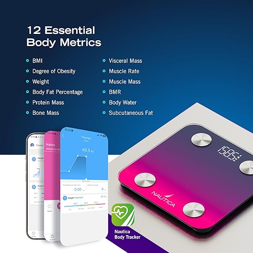 Nautica Body Tracker Digital Bathroom Scale, Bluetooth-Enabled Smart Scale with BMI, Body Fat, Muscle Mass Tracking & More, Syncs with Smartphone App for Body Composition Tracking, 396 Lbs.