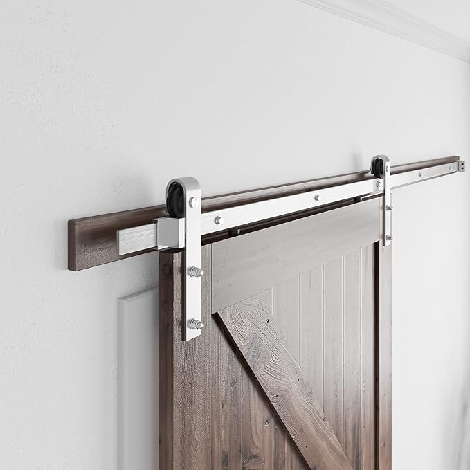 SMARTSTANDARD 7 Feet Brushed Nickel Barn Door Hardware Kit-Heavy Duty Sliding Track-Smoothly and Quietly-Easy to Install-Fit 42" Wide Door Panel (J Shape Hanger)