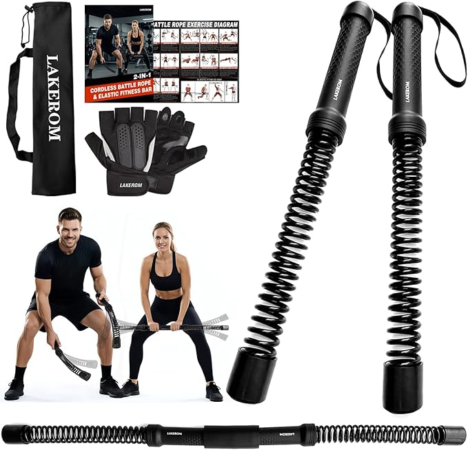 Ropeless Battle Ropes (2-in-1) Elatic Fitness Bar,Cordless Battle Ropes Sticks with Exercise Guide,Portable Home Gym Equipment for HIIT,Strength Low-Impact Workouts for Men & Women Black