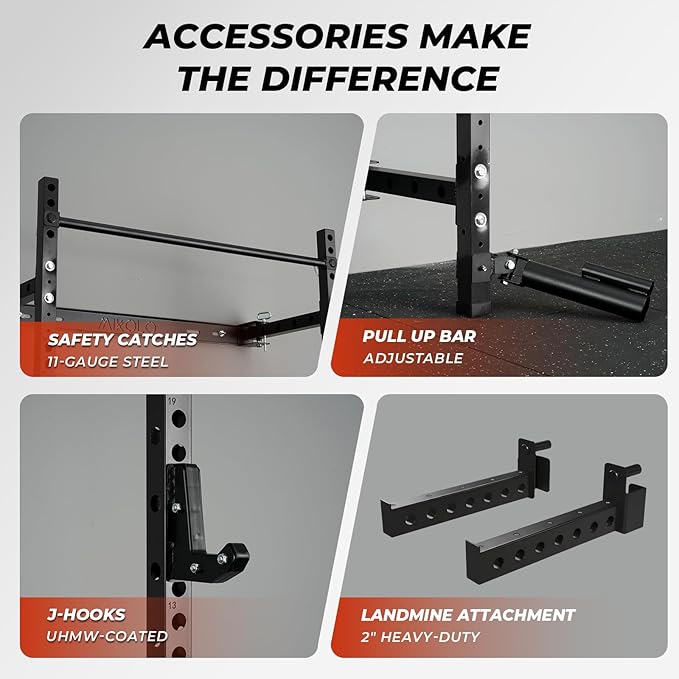 Mikolo 2" x 2" Folding Wall Mounted Squat Rack, 1000 Pounds Capacity Power Rack with Pull Up Bar, J Hooks and Other Attachments, Space-Saving Home Gym