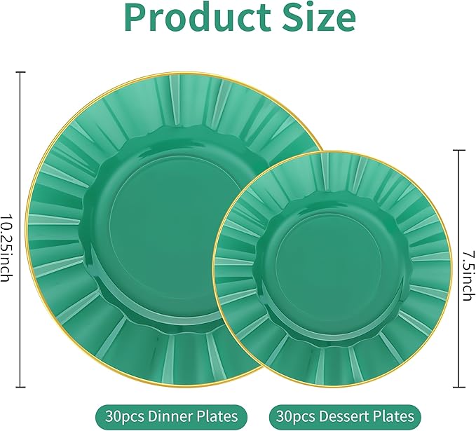 60pcs Green Plastic Plates with Gold Rim, Clear and Gold Plate, Green Diposable Plates Include 30 Dinner & 30 Dessert Plate for Party Wedding