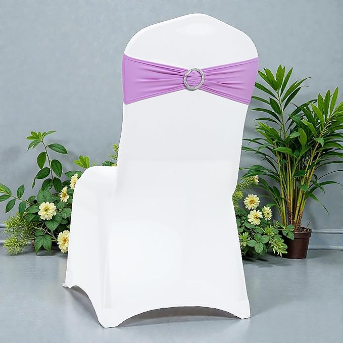 VDS - Light Purple | Spandex Chair Sashes Bows | 300 PCS | Stretch Elastic Banquet Universal Folding Chair Band Tie with Silver Buckle Slider for Wedding Party Conference Celebration Event Decoration