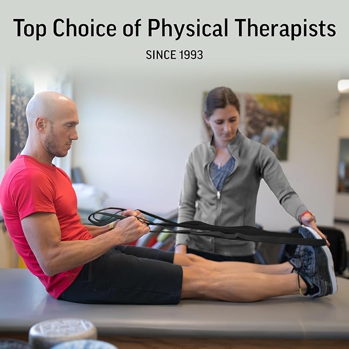 OPTP The Original Stretch Out Strap XL with Exercise Book, USA Made Stretch Out Straps for Physical Therapy, Yoga Stretching Strap or Knee Therapy Strap - Ten Loops, 7'5" Strap