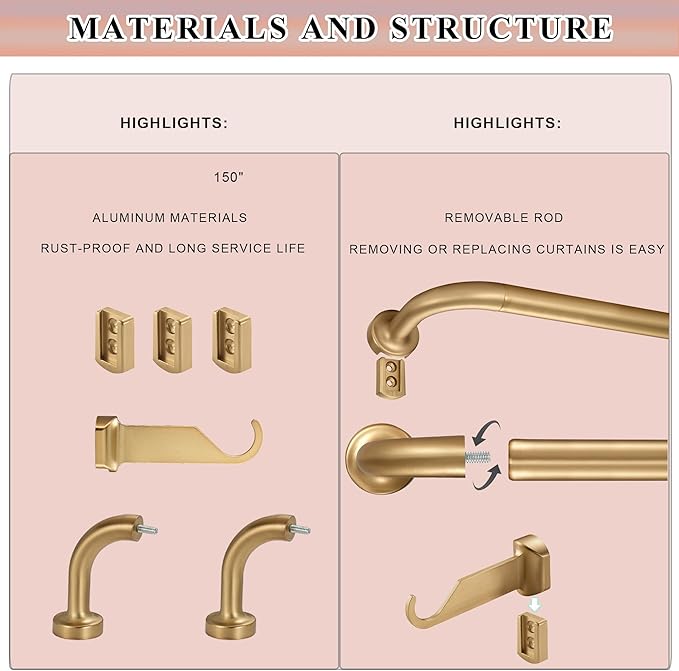 Warm Gold Curtain Rods 2 Pack,1 Inch Disc Curtain Rods for Windows 48 to 88",Blackout Wrap Around Curtain Rod with Aluminum Finials and Brackets,No Screw Disassembly Adjustable Curved Curtain Rod