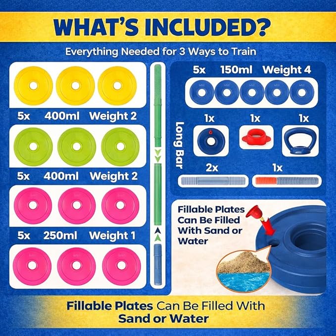 Kids Exercise Weight Set - 3-in-1 Adjustable Workout Toy Equipment for Children Pretend Play Exercise - Toddler Beginner Gym, Fitness, Weightlifting and Powerlifting (Dumbbell, Barbell, Kettlebell)