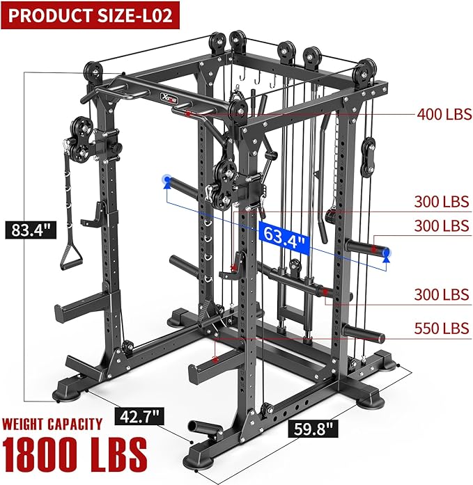 Multi-Purpose Squat Rack,Smith Machine Weight Rack Set with Cable Crossover System, Home Gym Power Racks, Power Racks and Packages