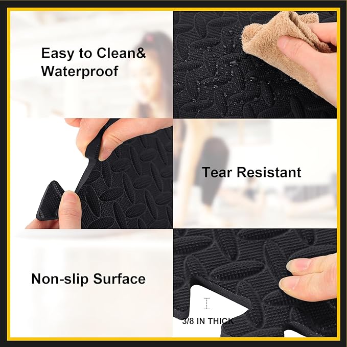 Ecally 200 Pcs 12 x 12 Gym Mat Foam Floor Mats for Home Gym Covers 96 Sq Ft Puzzle Exercise Square Interlocking Carpet Tiles with Border for Workouts Equipment Yoga Pilates (Black)