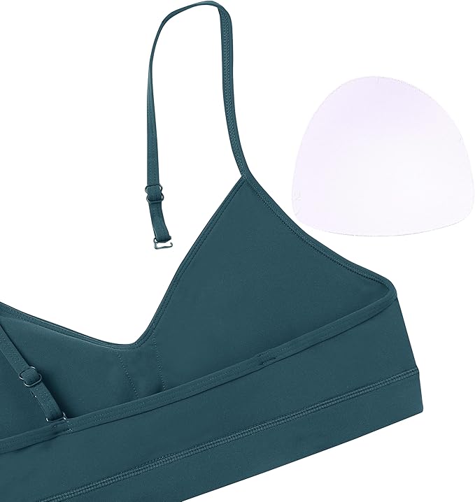 Oalka V Neck Sports Bra for Women Adjustable Padded Thin Straps Wireless Yoga Bras