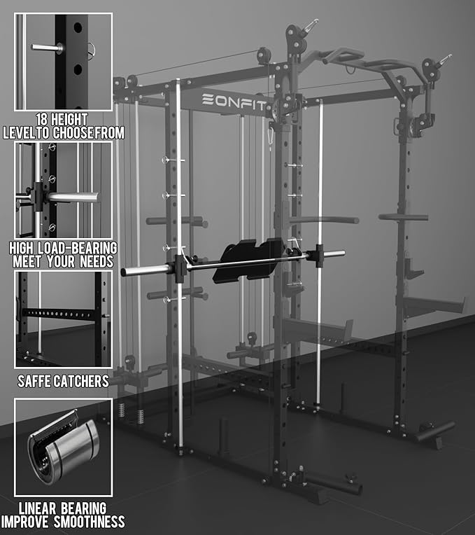 Eonfit E5 Smith Machine with Vertical Leg Press, Power Cage Squat Rack with LAT-Pull Down Cable Crossover Rotating Arms System Home Gym Equipment All in One
