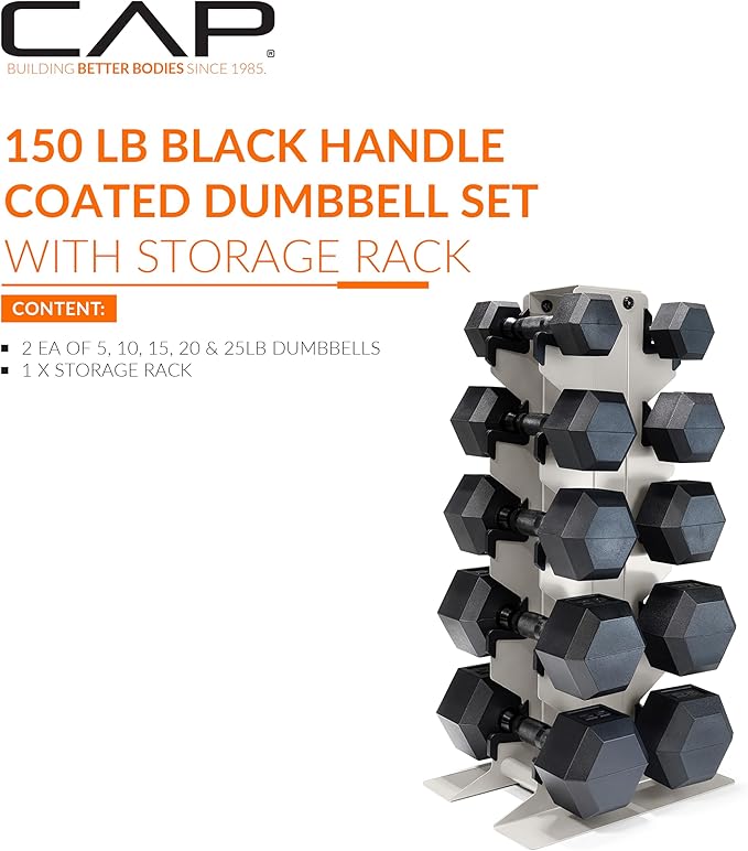 CAP Barbell Rubber Coated Hex Dumbbell Set with Vertical Rack | 100-300 lbs Free Weights Dumbbells Set for Home Gym | Multiple Options