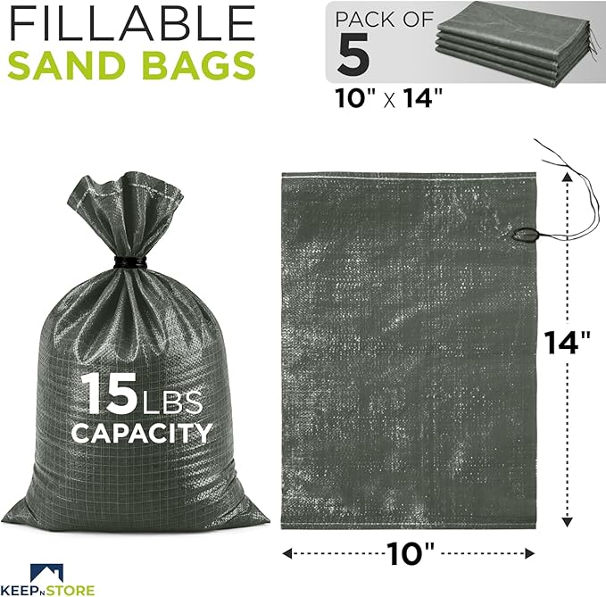 Heavy Duty Sand Bags Pack of 5, Army Green Empty Sandbags with Built-In Ties, Woven Polypropylene UV Protection 1600 Hours, Fillable Bags for Flood Control, Weight, 10x14 inches, 15 Pounds Volume