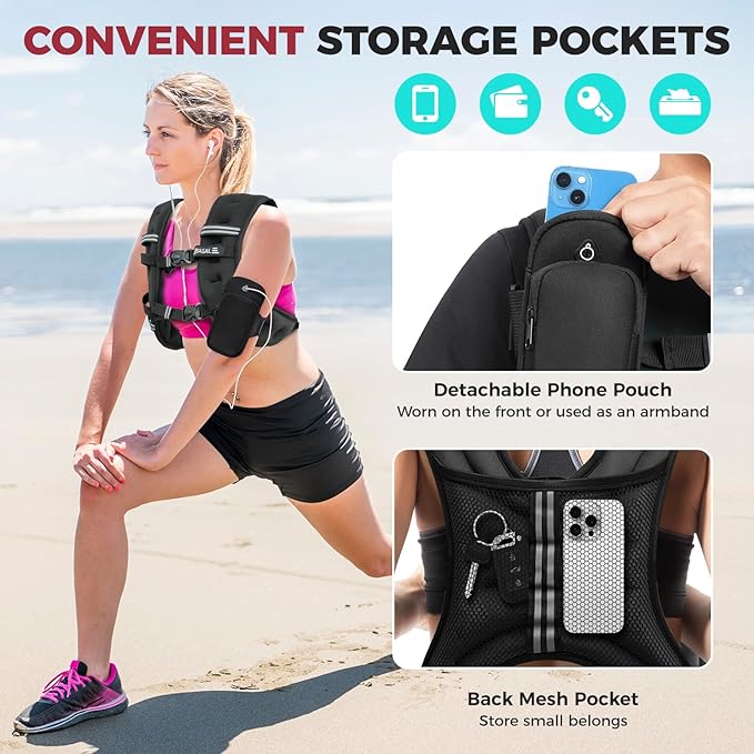 BAGAIL Comfort-Fit Weighted Vest for Woman, Even Weight Distribution, Faster Weight Loss, No-Chafe or Bounce for Walking & Running with Detachable Phone Pouch & Reflective Stripes (Available 5-30lbs)