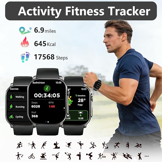 Smart Watch, 2.01" AMOLED Curved Display Fitness Tracker with Answer/Make Calls, Fitness Watch with Fitness and Sleep Trackers, Heart Rate Monitor, Always-On Display, Water Resistant, for Android iOS
