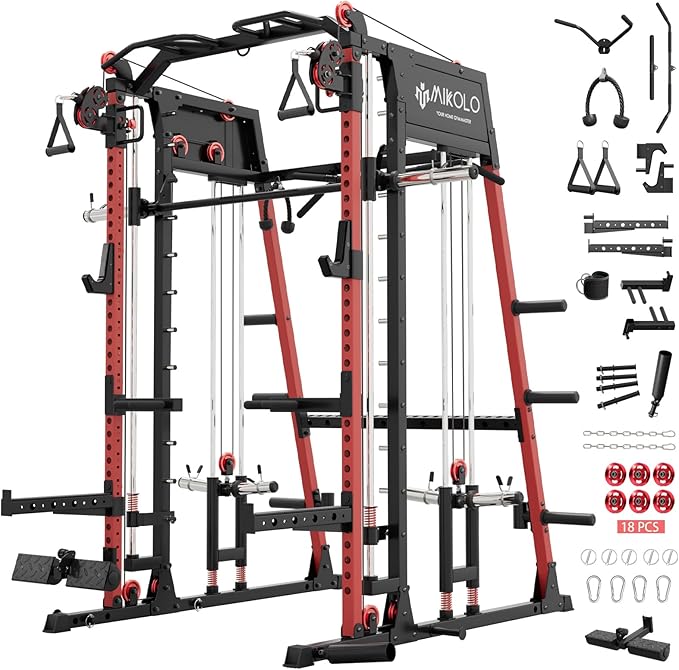 Mikolo M4 2.0 Smith Machine, 2200lbs Squat Rack with LAT-Pull Down System & Cable Crossover Machine, Training Equipment with Leg Hold-Down Attachment