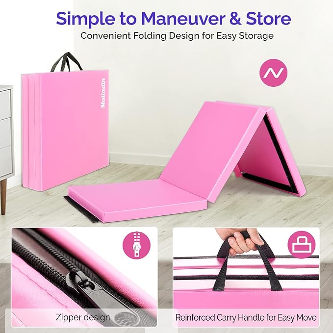 Matladin 6' Folding Tri-fold Gymnastics Gym Exercise Aerobics Mat, 6ft x 2ft x 2in PU Leather Tumbling Mats with Hook & Loop Fastener for Stretching Yoga Cheerleading Martial Arts
