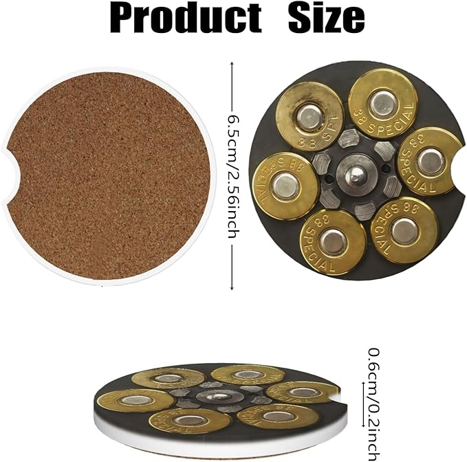 Car Cup Holder Coasters, 2 Pcs Ceramic Coasters with Finger Slot and Cork Back, Anti-Slip Shock Absorbing Women and Men Universal Car Accessories - Revolver