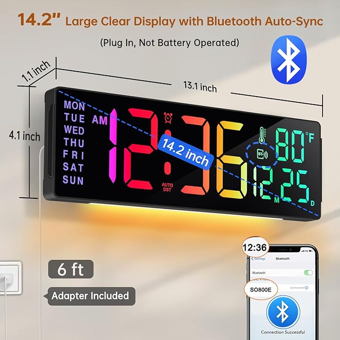 Soobest 14.2" Large Digital Wall Clock, Bluetooth Auto Time/Date/Day Sync, LED Large Display, Gym Countdown Timer & Temperature for Classroom, Living Room, Home, 12 Colors